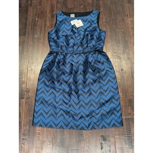 Vintage Anne Klein Dress Womens 10 Blue Black Chevron Belted Cocktail 00s Retro